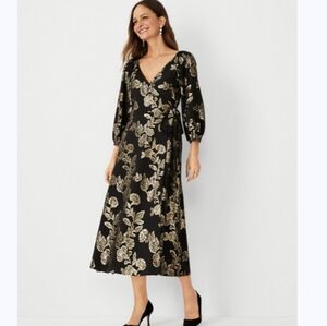 Ann Taylor | Dresses | Ann Taylor Shimmer Clip Midi Wrap Dress Black And  Gold | Poshmark